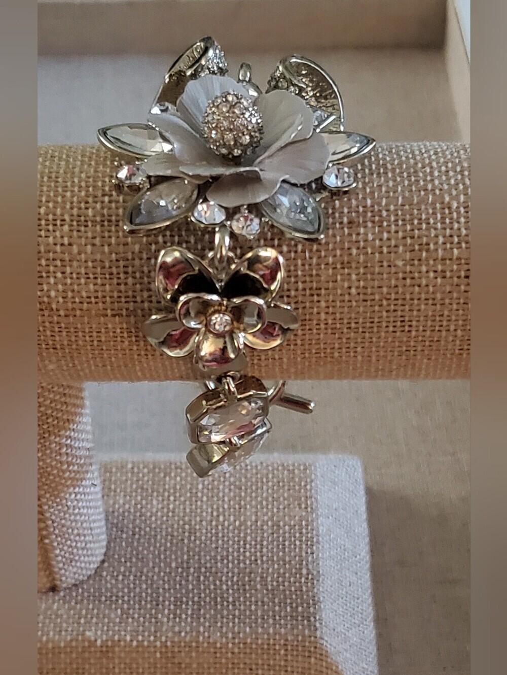 ​WHBM Silver Tone Crystal Rhinestone Floral Bow Statement Toggle Bracelet